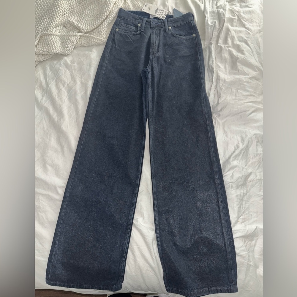 ZARA 6045/212 metallic foil baggy wide leg dark blue jeans size 2 new with tags